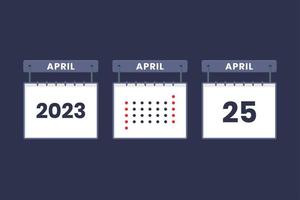 Diseño de calendario 2023 icono del 25 de abril. Calendario del 25 de abril, cita, concepto de fecha importante. vector