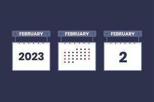 Diseño de calendario 2023 icono del 2 de febrero. Calendario del 2 de febrero, cita, concepto de fecha importante. vector
