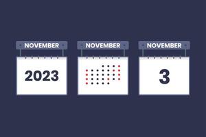 Diseño de calendario 2023 icono del 3 de noviembre. Calendario del 3 de noviembre, cita, concepto de fecha importante. vector