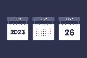 Diseño de calendario 2023 icono del 26 de junio. Calendario del 26 de junio, cita, concepto de fecha importante. vector