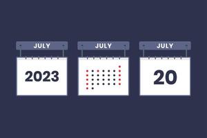 2023 calendar design July 20 icon. 20th July calendar schedule, appointment, important date concept. vector