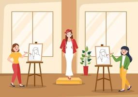 Art School of Painting with Live Model or Object using Tools and Equipment in Template Hand Drawn Cartoon Flat Illustration vector