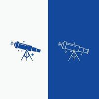 telescopio. astronomía. espacio. vista. línea de zoom y botón web de glifo en banner vertical de color azul para ui y ux. sitio web o aplicación móvil vector