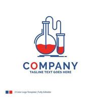 diseño del logotipo del nombre de la empresa para el análisis. química. matraz. investigar. prueba. diseño de marca azul y rojo con lugar para eslogan. plantilla de logotipo creativo abstracto para pequeñas y grandes empresas. vector