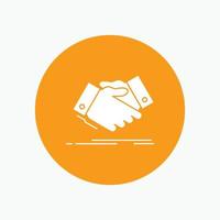 handshake. hand shake. shaking hand. Agreement. business White Glyph Icon in Circle. Vector Button illustration