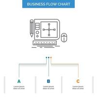 design. Graphic. Tool. Software. web Designing Business Flow Chart Design with 3 Steps. Line Icon For Presentation Background Template Place for text vector