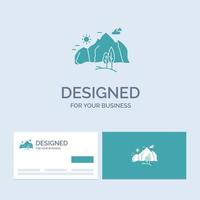 hill. landscape. nature. mountain. tree Business Logo Glyph Icon Symbol for your business. Turquoise Business Cards with Brand logo template. vector