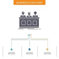 competition. contest. expert. judge. jury Business Flow Chart Design with 3 Steps. Glyph Icon For Presentation Background Template Place for text. vector