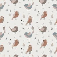 Seamless background with a variety of birds and plants. Stylized print on fabric. Pastel palette. Vector background.
