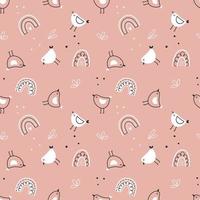 Chicken seamless pattern. Cute little chickens and rainbows. Childish cartoon vector in simple scandinavian hand drawn style. Children s illustration on a pastel palette