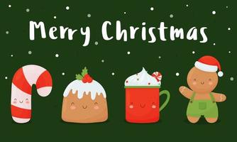 tarjeta de navidad con lindos personajes, bastón de caramelo, jengibre, taza y pastel de navidad sobre un fondo verde. ilustración vectorial en estilo de dibujos animados. vector