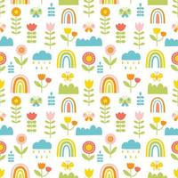 Seamless pattern with butterflies, flowers, clouds and rainbow. Vector illustration in hand drawn cartoon style. Bright palette for spring or summer design of textiles, children s clothing.