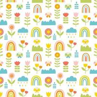 Seamless pattern with butterflies, flowers, clouds and rainbow. Vector illustration in hand drawn cartoon style. Bright palette for spring or summer design of textiles, children s clothing.