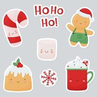 un conjunto de pegatinas navideñas brillantes. lindos personajes navideños, taza, pastel, malvavisco, bastón de caramelo, hombre de pan de jengibre. vector