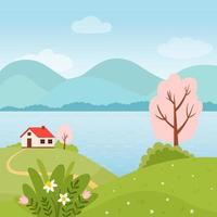 Spring landscape with house, river, flowers and trees. Vector illustration in a flat style.