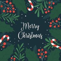 tarjeta de navidad con hojas de acebo y bayas, bastón de caramelo, nieve y la inscripción feliz navidad. ilustración vectorial en un estilo plano sobre un fondo verde oscuro. vector