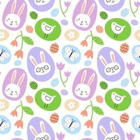 Seamless Easter pattern. Hand drawn colorful children s spring easter pattern with bunnies, chick and easter eggs . Vector illustration isolated on white background.