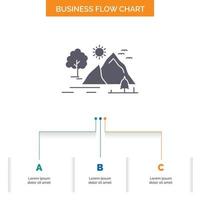 Cerro. paisaje. naturaleza. montaña. diseño de diagrama de flujo de negocios de sol con 3 pasos. icono de glifo para el lugar de plantilla de fondo de presentación para texto. vector