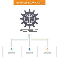 international. business. globe. world wide. gear Business Flow Chart Design with 3 Steps. Glyph Icon For Presentation Background Template Place for text. vector