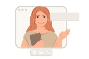 Woman character on web screen with window for text. Video conference online call. Online training or work from home concept. Vector illustration in flat style.