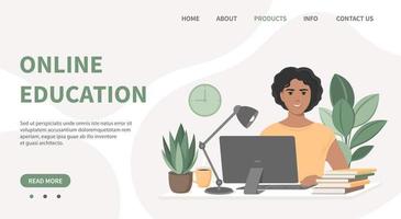 Woman with dark skin and hair sitting at desk, looking at computer and studying. Online education concept. Student learning online at home. Landing page template. Vector illustration