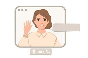 Woman character on web screen with window for text. Video conference online call. Online training or work from home concept. Vector illustration.