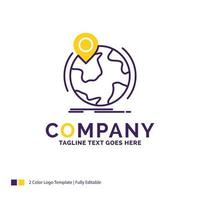 Company Name Logo Design For location. globe. worldwide. pin. marker. Purple and yellow Brand Name Design with place for Tagline. Creative Logo template for Small and Large Business. vector