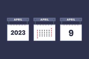 2023 calendar design April 9 icon. 9th April calendar schedule, appointment, important date concept. vector