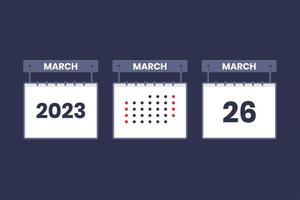 Diseño de calendario 2023 icono del 26 de marzo. Calendario del 26 de marzo, cita, concepto de fecha importante. vector