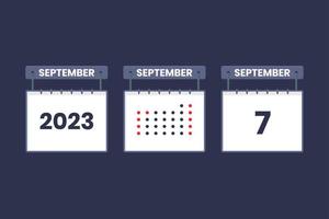 Diseño de calendario 2023 icono del 7 de septiembre. Calendario del 7 de septiembre, cita, concepto de fecha importante. vector