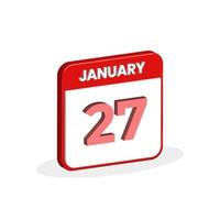 27th January calendar 3D icon. 3D January 27 calendar Date, Month icon vector illustrator