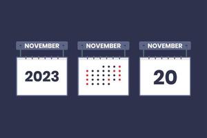 2023 calendar design November 20 icon. 20th November calendar schedule, appointment, important date concept. vector