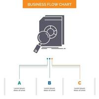 análisis. datos. financiero. mercado. diseño de diagrama de flujo de negocio de investigación con 3 pasos. icono de glifo para el lugar de plantilla de fondo de presentación para texto. vector