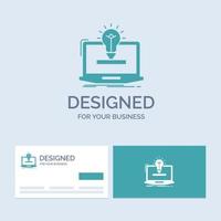 laptop. solution. idea. bulb. solution Business Logo Glyph Icon Symbol for your business. Turquoise Business Cards with Brand logo template. vector