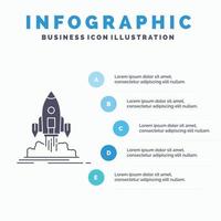 lanzar. misión. lanzadera. puesta en marcha. publicar plantilla de infografía para sitio web y presentación. icono de glifo gris con ilustración de vector de estilo infográfico azul.