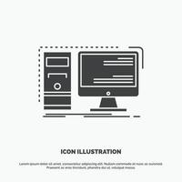 computadora. escritorio. hardware. puesto de trabajo. icono del sistema. símbolo gris vectorial de glifo para ui y ux. sitio web o aplicación móvil vector