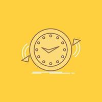 respaldo. reloj. agujas del reloj. encimera. icono lleno de línea plana de tiempo. hermoso botón de logotipo sobre fondo amarillo para ui y ux. sitio web o aplicación móvil vector