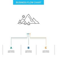 mountain. landscape. hill. nature. tree Business Flow Chart Design with 3 Steps. Line Icon For Presentation Background Template Place for text vector