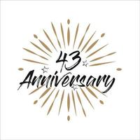 43 years anniversary retro vector emblem isolated template. Vintage logo with ribbon and fireworks on white background