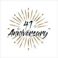 41 years anniversary retro vector emblem isolated template. Vintage logo with ribbon and fireworks on white background