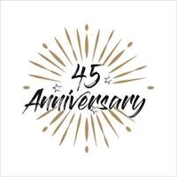 45 years anniversary retro vector emblem isolated template. Vintage logo with ribbon and fireworks on white background