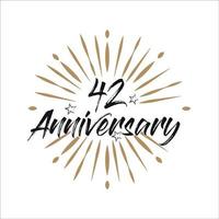 42 years anniversary retro vector emblem isolated template. Vintage logo with ribbon and fireworks on white background