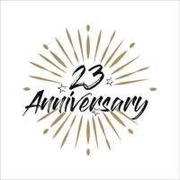 23 years anniversary retro vector emblem isolated template. Vintage logo with ribbon and fireworks on white background