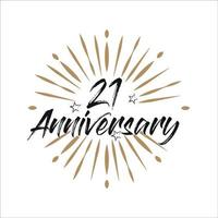 21 years anniversary retro vector emblem isolated template. Vintage logo with ribbon and fireworks on white background