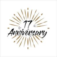 17 years anniversary retro vector emblem isolated template. Vintage logo with ribbon and fireworks on white background