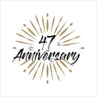 47 years anniversary retro vector emblem isolated template. Vintage logo with ribbon and fireworks on white background