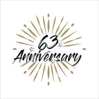 63 years anniversary retro vector emblem isolated template. Vintage logo with ribbon and fireworks on white background