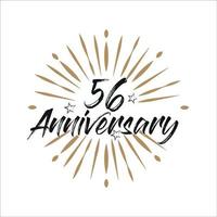 56 years anniversary retro vector emblem isolated template. Vintage logo with ribbon and fireworks on white background