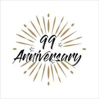 99 years anniversary retro vector emblem isolated template. Vintage logo with ribbon and fireworks on white background