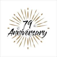 79 years anniversary retro vector emblem isolated template. Vintage logo with ribbon and fireworks on white background